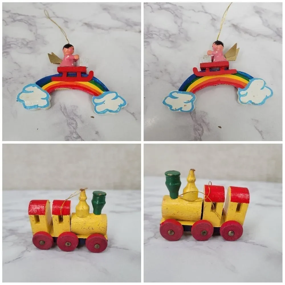 Vintage Colorful Wooden and Metal Christmas Ornaments Set